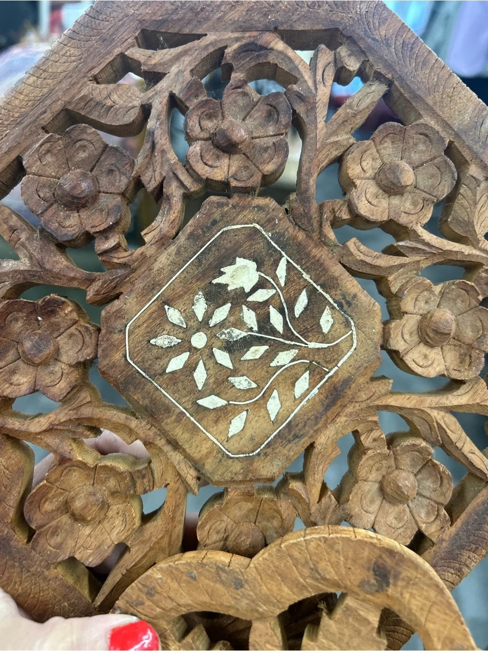 Mid Century Hand-Carved Wooden Floral Trivets Decor – Natural Brown
